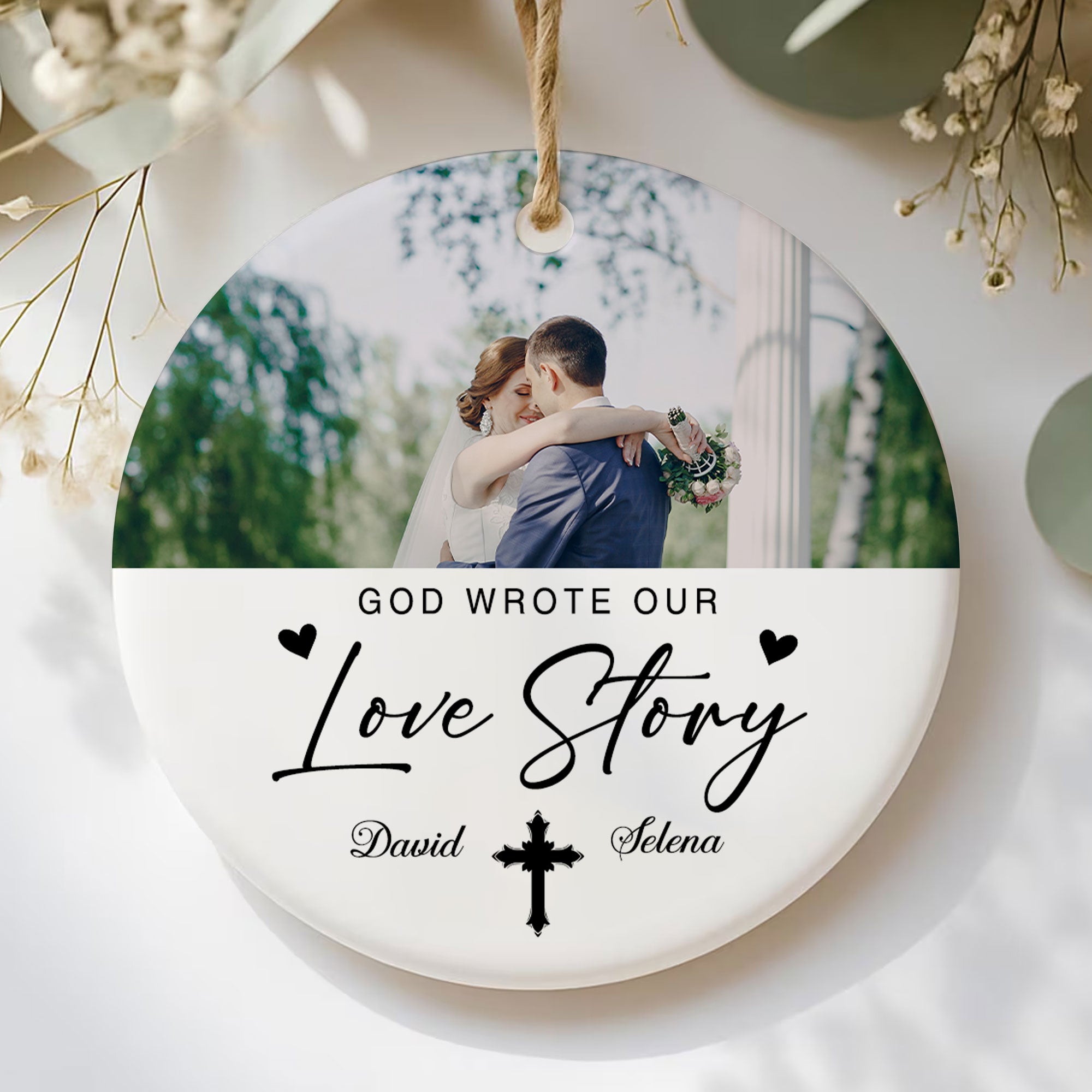 God Wrote Our Love Story Personalized Ceramic Ornament, Custom Couple Name