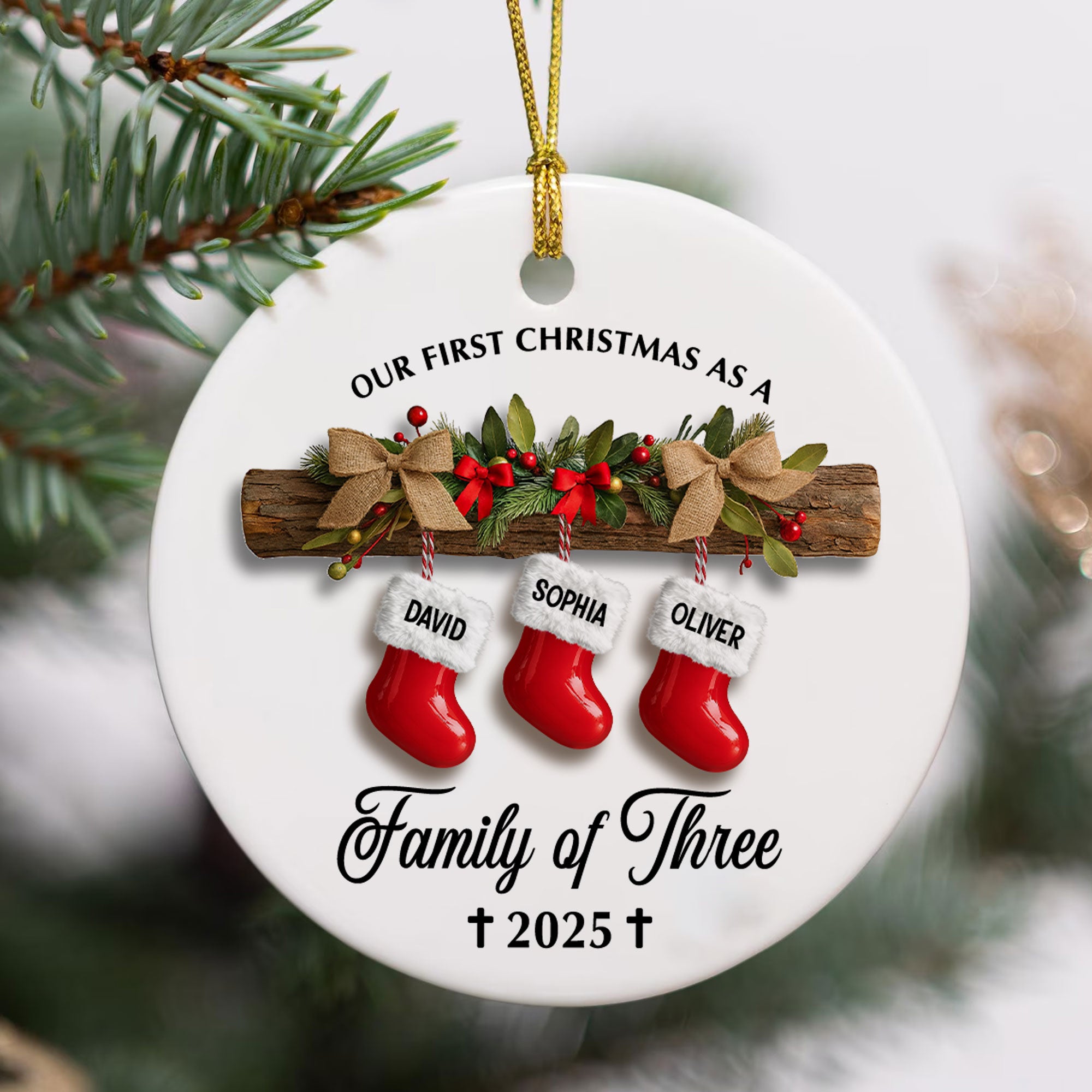 Our First Christmas As A Family of Three Personalized Ceramic Ornament, Custom Name