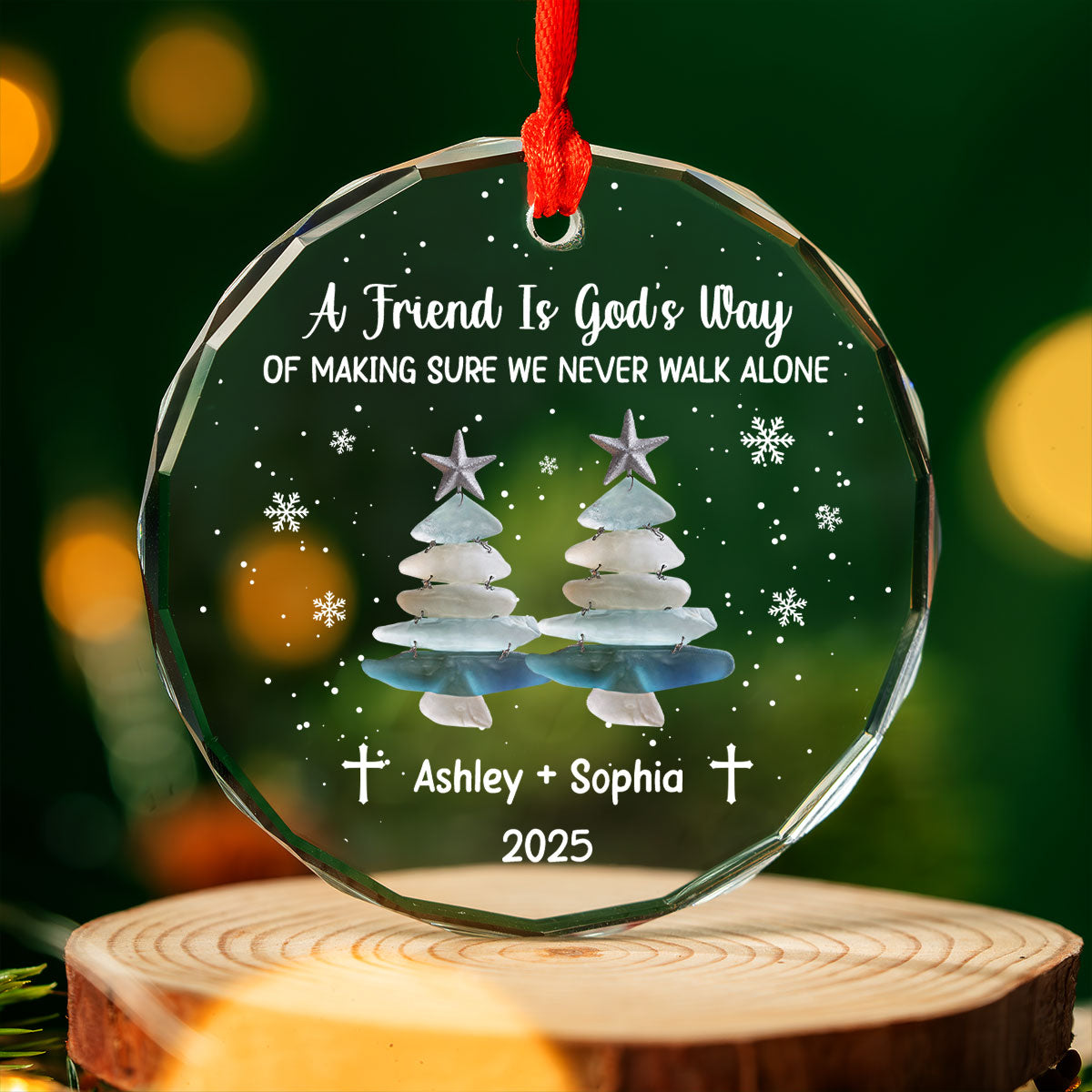 God's Way Of Making Sure We Never Walk Alone Personalized Glass Ornament, Custom Friend Name