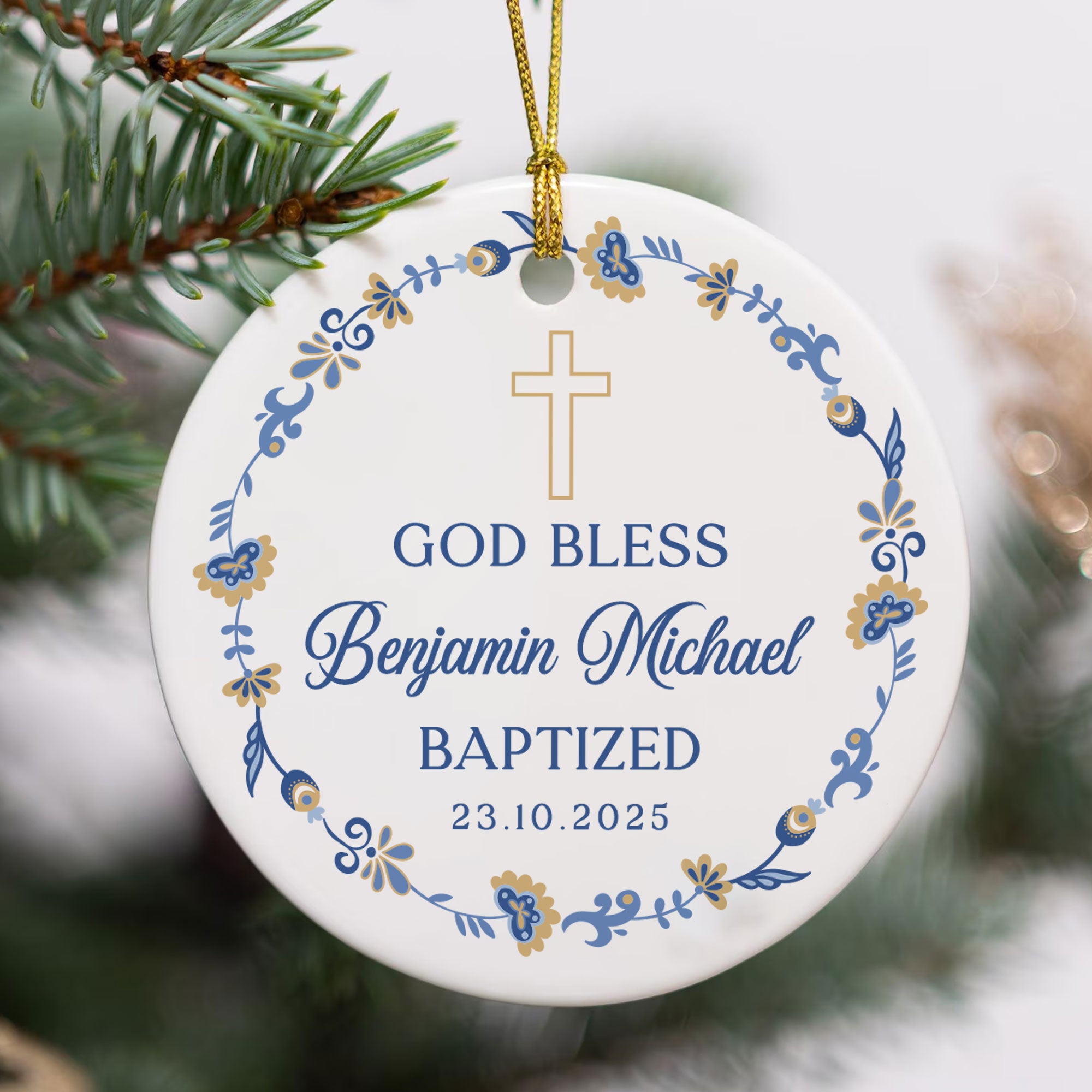 God Bless Baptized Personalized Ceramic Ornament, Custom Name and Birth Year