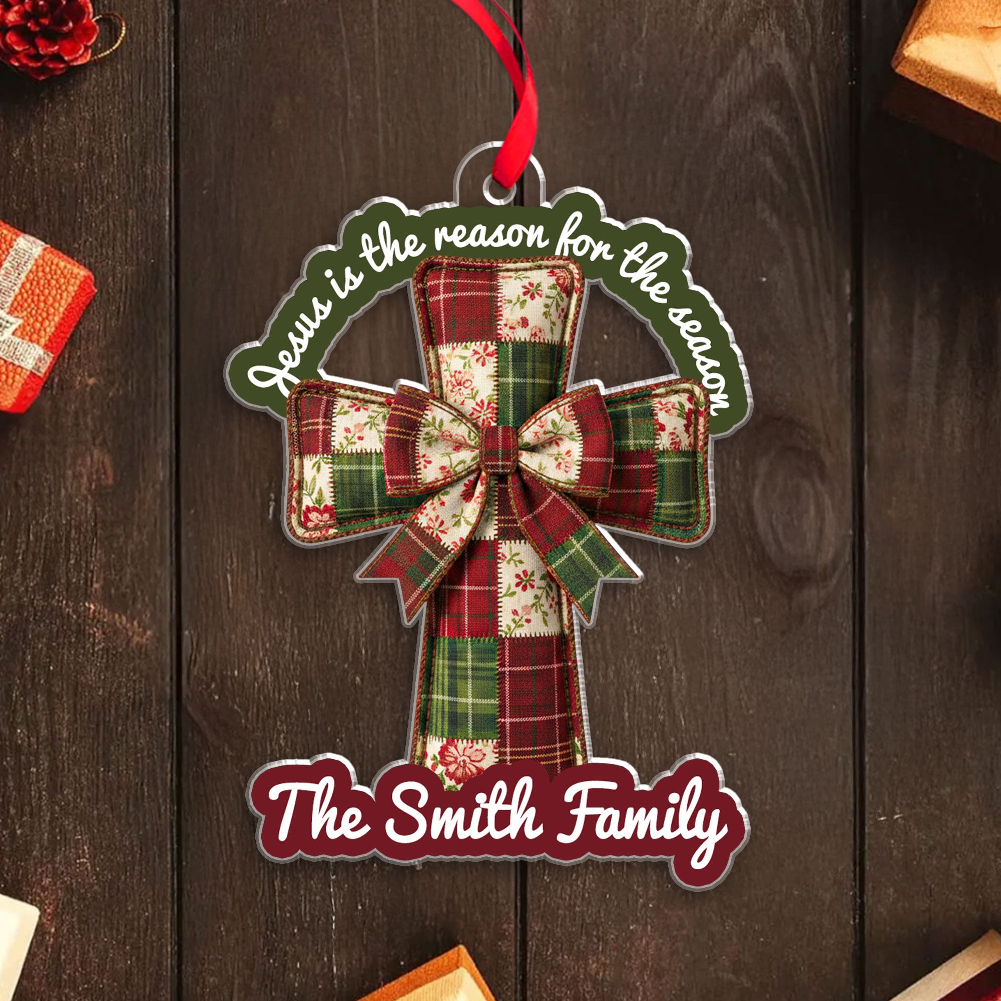 Jesus Is The Reason For The Season Personalized Acrylic Ornament, Custom Family Name