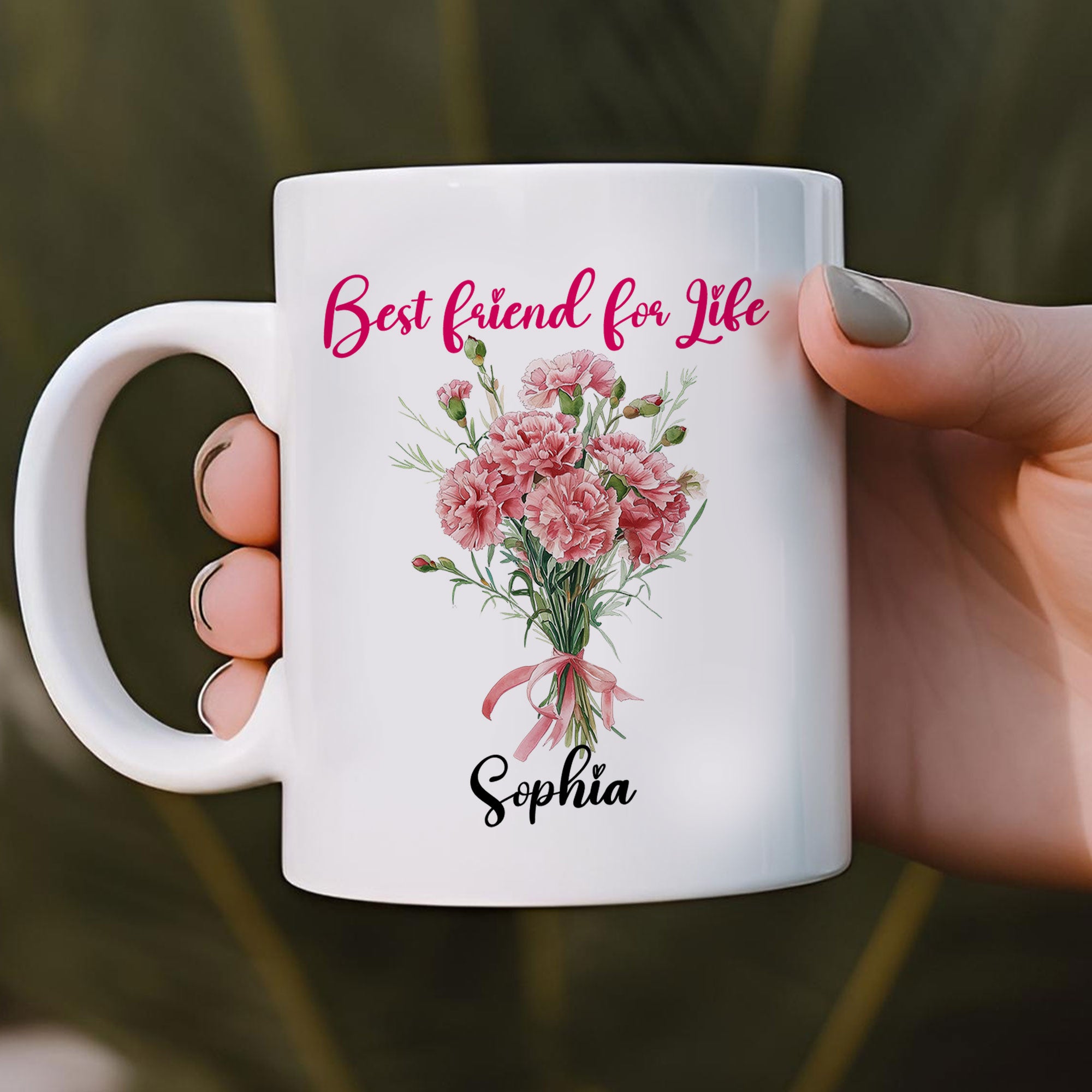 A Sister Is A Best Friend For Life Personalized White Mug, Custom Name and Birth Month Flowers