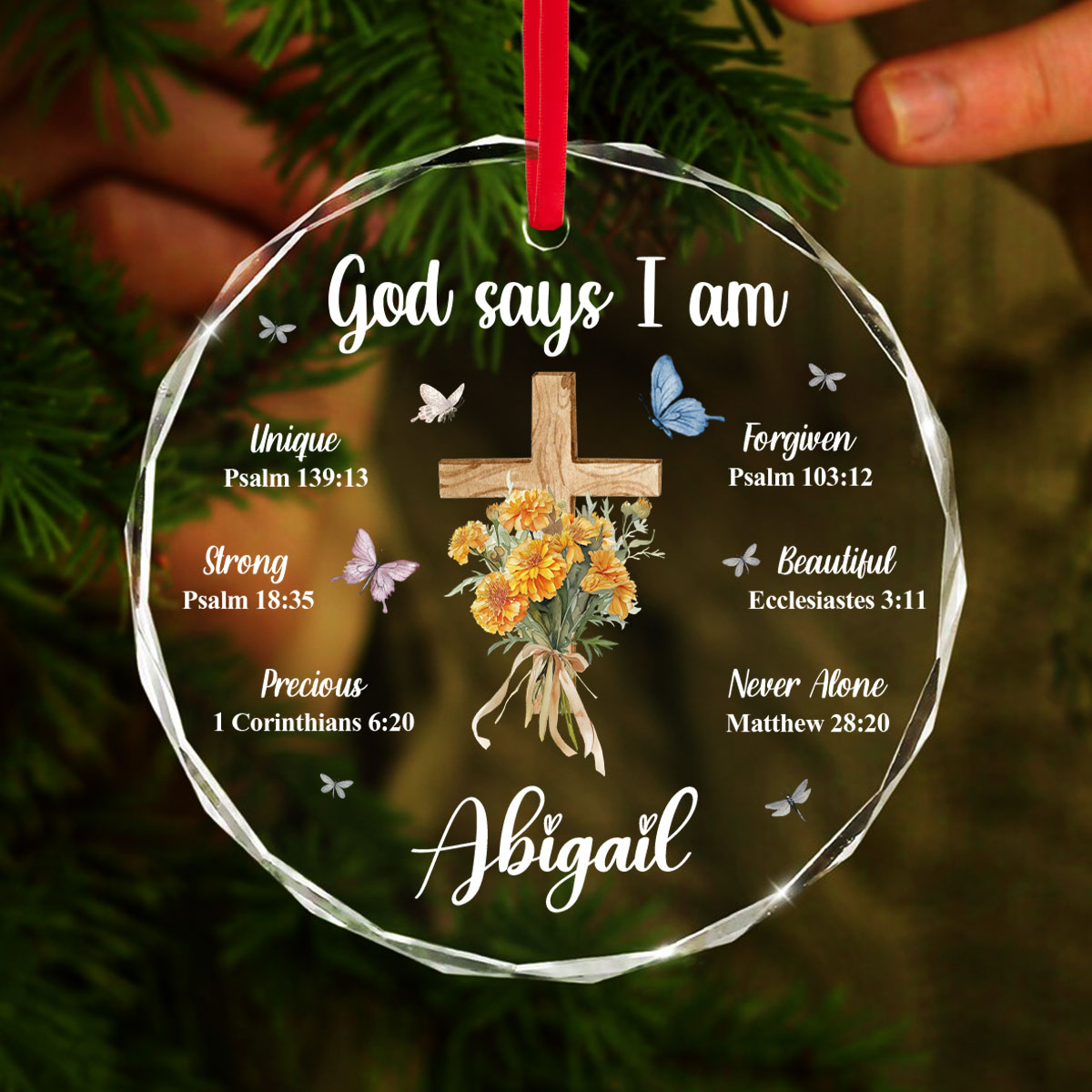 God Say I Am Personalized Glass Ornament, Custom Name and Birth Month Flowers