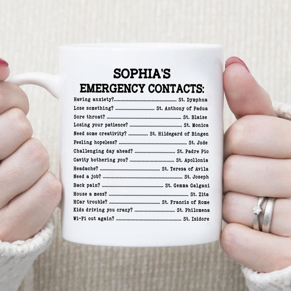 Emergency Contacts List Personalized White Mug, Custom Name