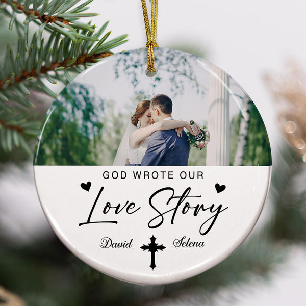 God Wrote Our Love Story Personalized Ceramic Ornament, Custom Couple Name