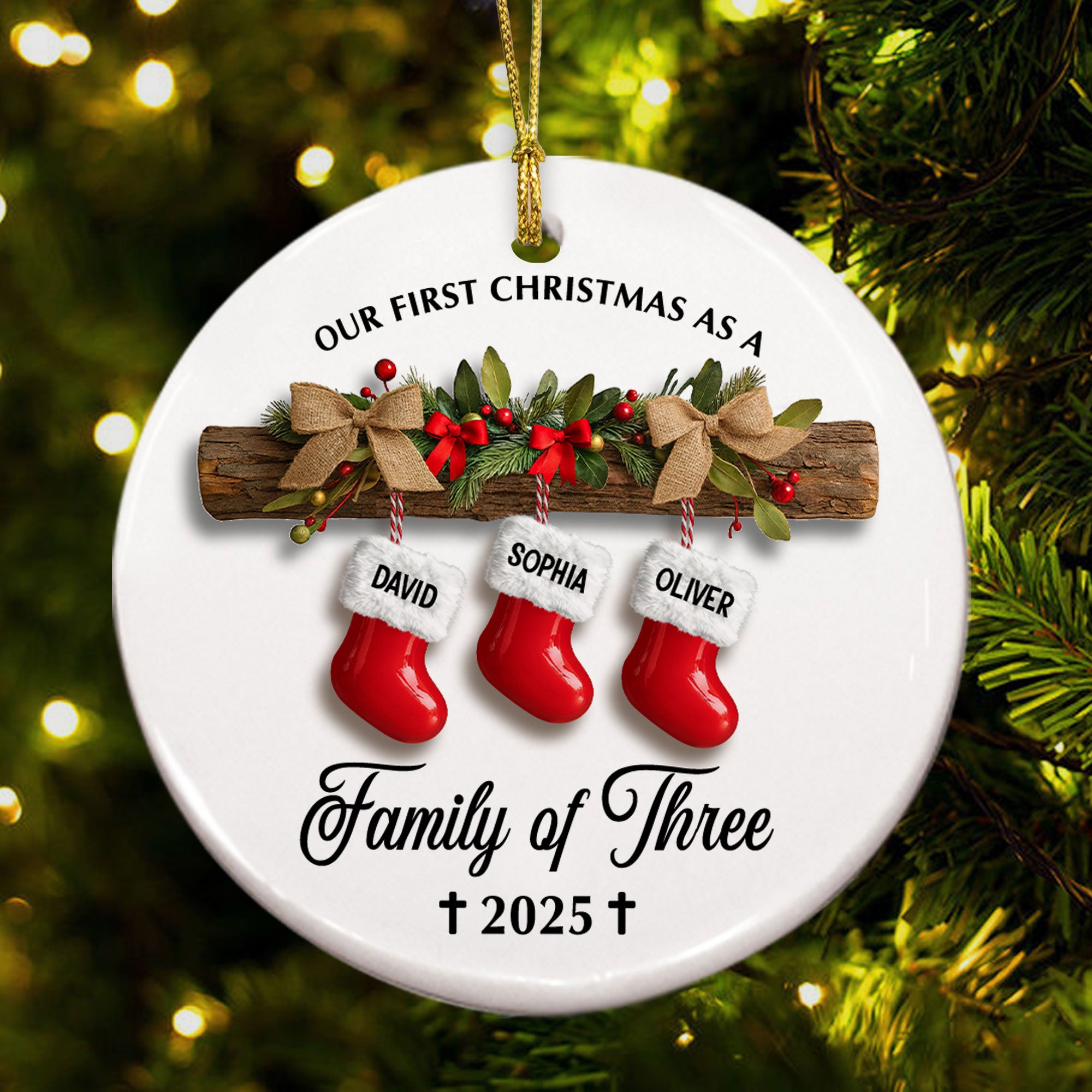 Our First Christmas As A Family of Three Personalized Ceramic Ornament, Custom Name
