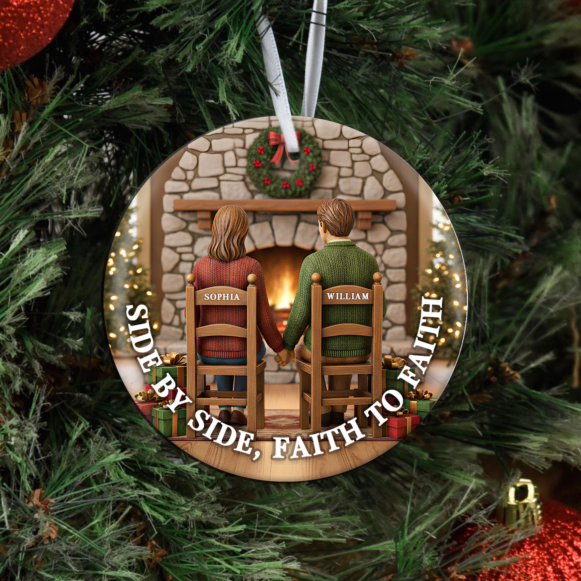 Side By Side Faith To Faith Personalized Ceramic Ornament, Custom Couple Name