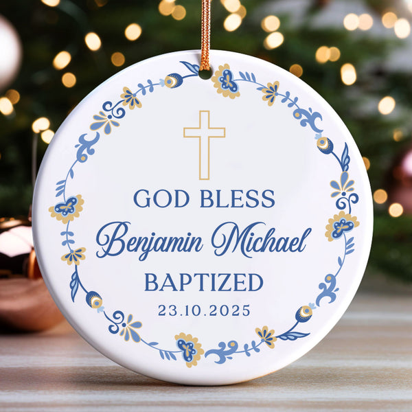 God Bless Baptized Personalized Ceramic Ornament, Custom Name and Birth Year