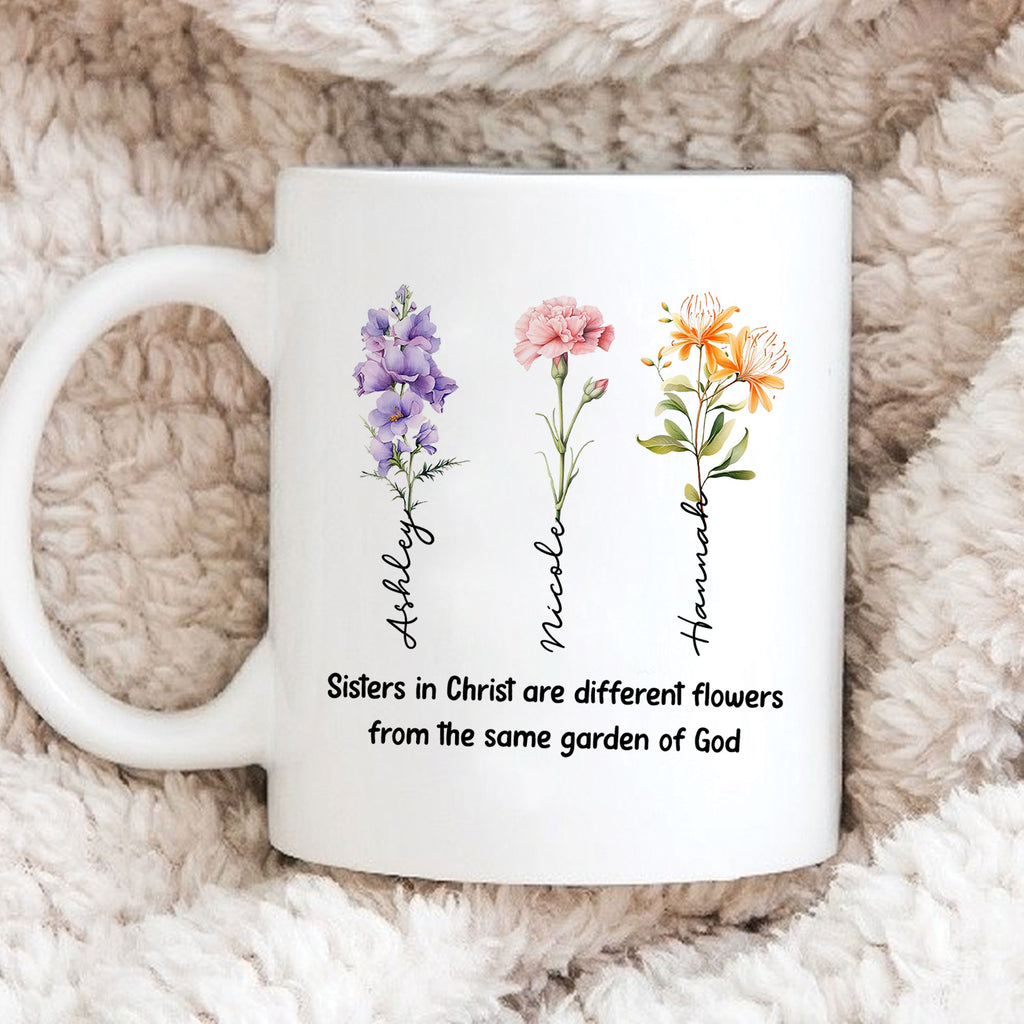Sisters From The Same Garden of God Personalized White Mug, Custom Name and Birth Month Flowers